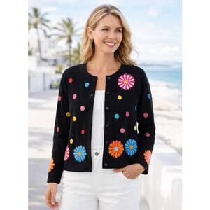 Michael Simon Lite Embroidered Floral Polka Dot Cardigan Sweater M